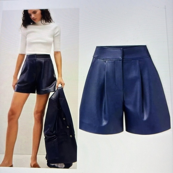 Veronica Beard Navy Blue Faux Leather Shorts 2 - Picture 1 of 8